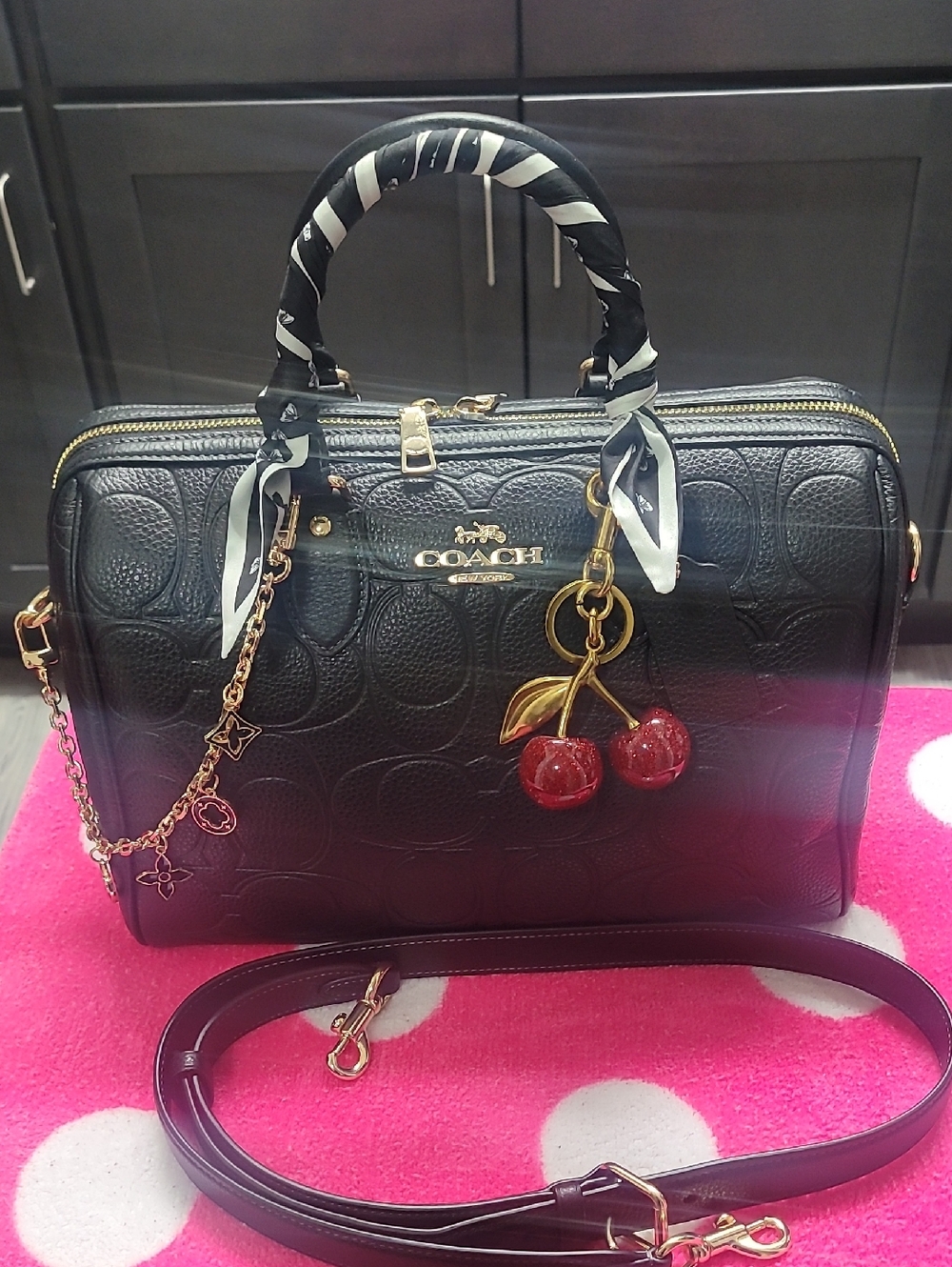Coach Black Leather Large Satchel with Gold Hardware and Red Cherry Charm - Picture 6 of 7